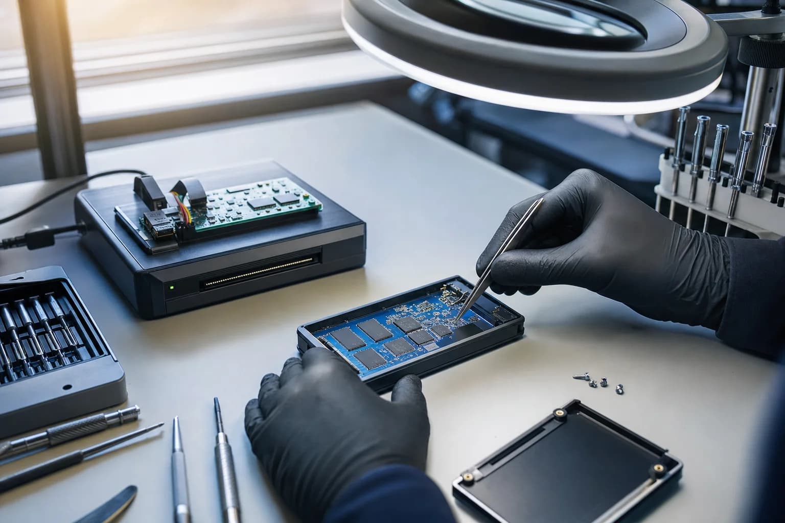 An opened external SSD on a data recovery bench in Irvine with its memory chips exposed under a magnifier, the drive that held a $75,000 Bitcoin wallet