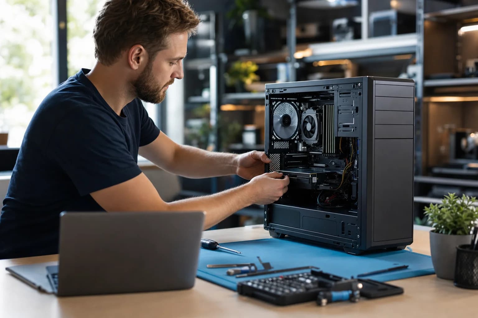 Computer repair technician servicing PC and laptop in Lake Forest California shop