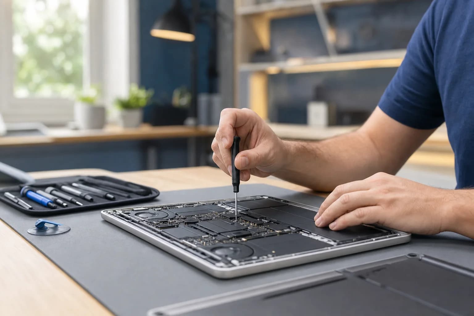 MacBook repair technician in Tustin California fixing Apple laptop logic board