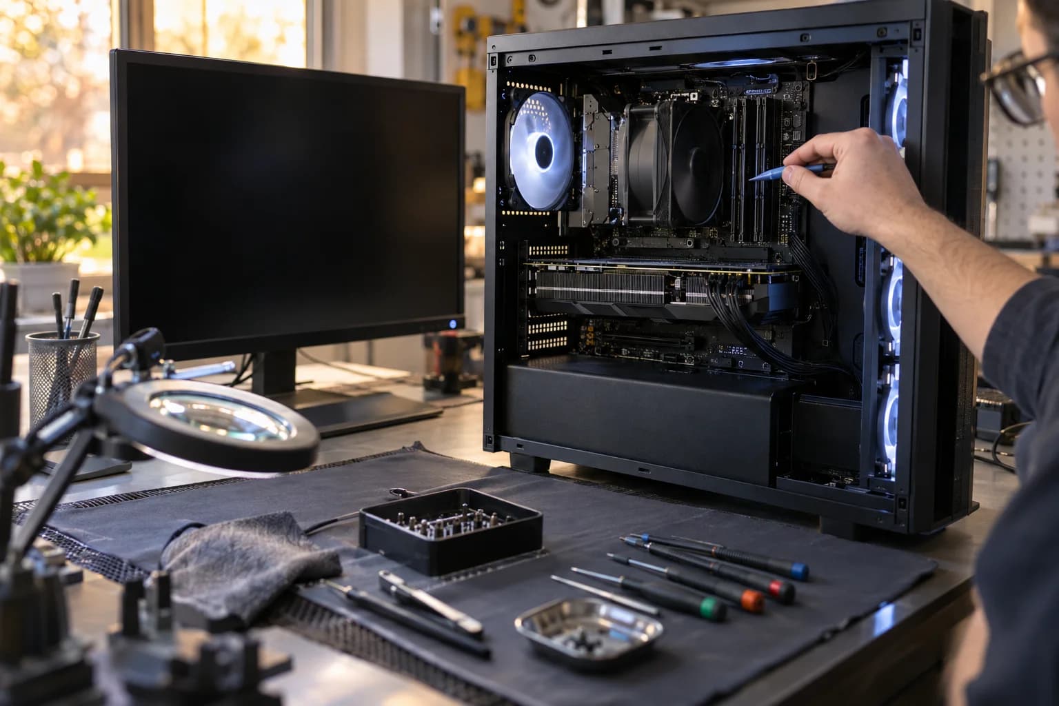 Open desktop PC tower on a repair bench with its fans spinning next to a monitor that stays black, a technician's hand near the memory slots