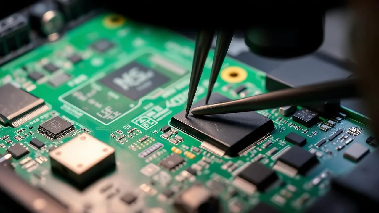Macro view of an ASUS ROG Ally X motherboard under a stereo microscope at Computer Clinic Irvine, technician using fine ESD tweezers to inspect corrosion on small surface-mount components and the USB-C power delivery IC during liquid damage diagnosis