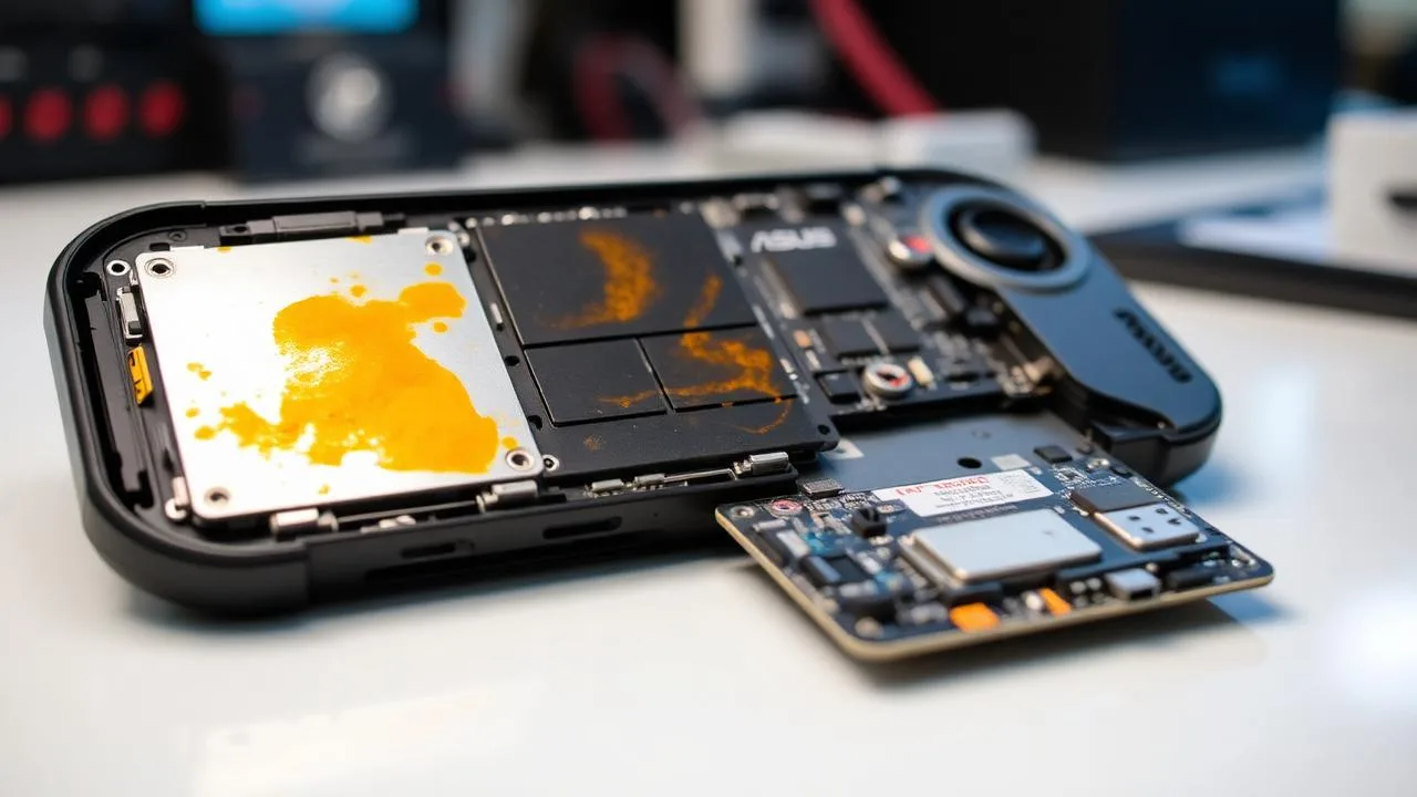 ASUS ROG Ally X handheld gaming console disassembled at Computer Clinic Irvine showing visible orange corrosion residue on the rear shield and exposed motherboard after liquid damage caused a no-power fault