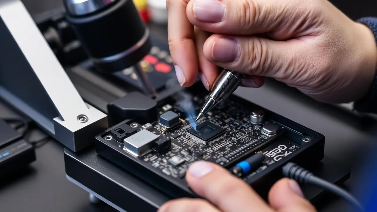 Technician at Computer Clinic Irvine performing precision microsoldering on a handheld gaming console motherboard, repairing the USB-C power delivery IC after liquid damage using a hot air rework station and fine soldering iron