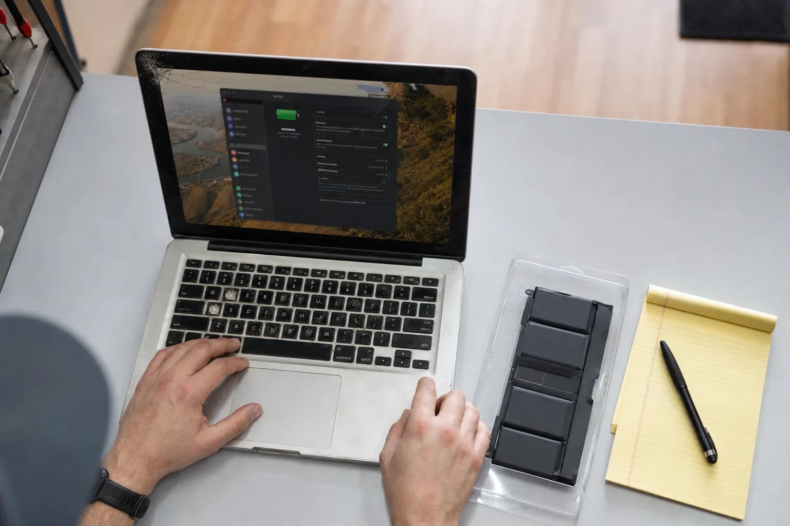 Used MacBook Pro with a worn keyboard and cracked screen on a repair shop counter in Irvine, next to a replacement battery and a quote pad
