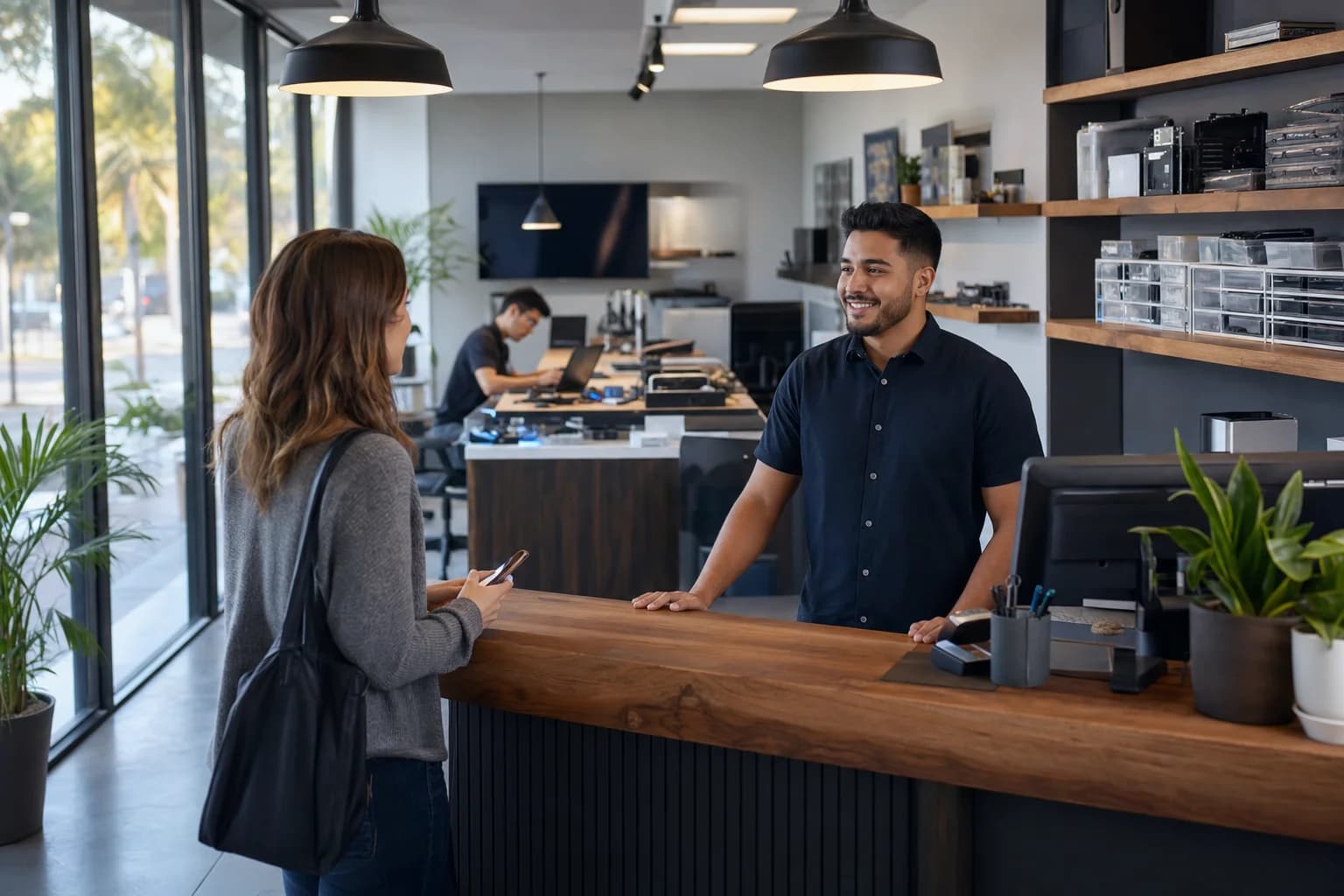 Inside Computer Clinic Irvine: a clean modern computer repair shop interior with a warm wooden counter and natural light for residents, UCI students, and small businesses
