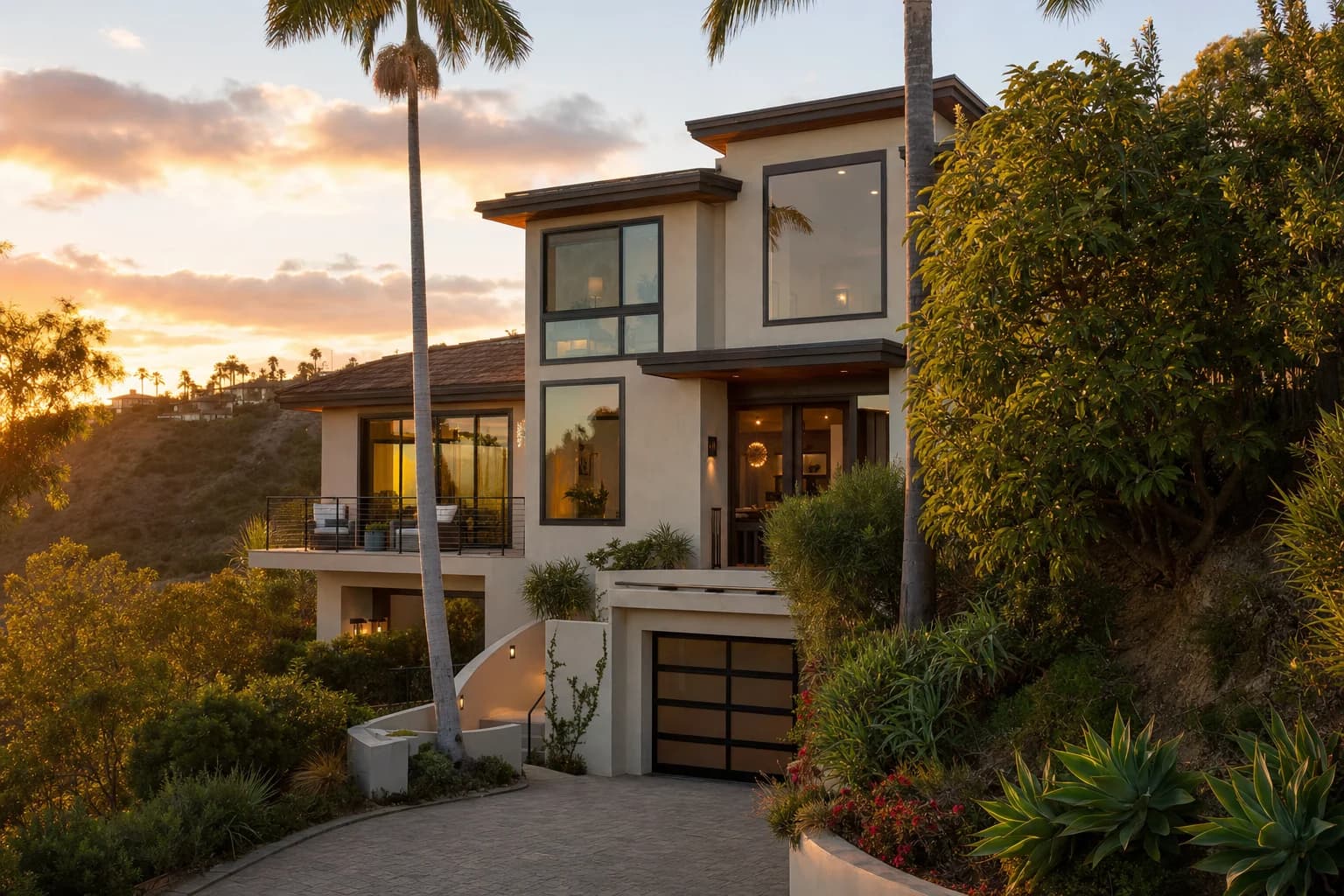 Modern Laguna Beach canyon home at golden hour, the kind of property Computer Clinic Irvine serves for on-site WiFi installation, mesh networking, and computer repair in Laguna Beach