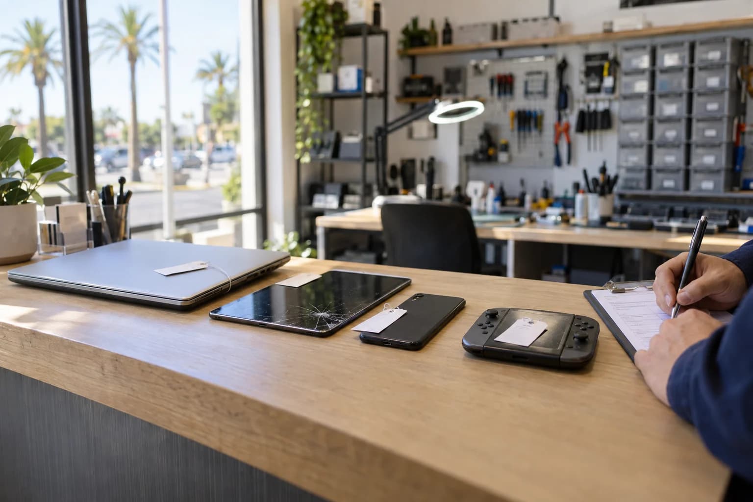Intake counter at Computer Clinic Irvine with a laptop, a tablet with a cracked corner, a phone, and a handheld console tagged for check-in, the repair bench behind