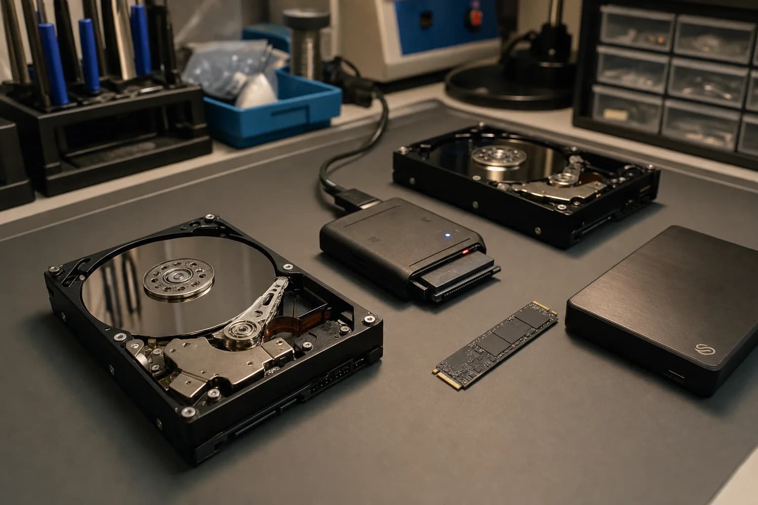 Data recovery technician's workbench in Irvine showing opened internal hard drives and an external Seagate drive ready for forensic recovery for a Tustin customer