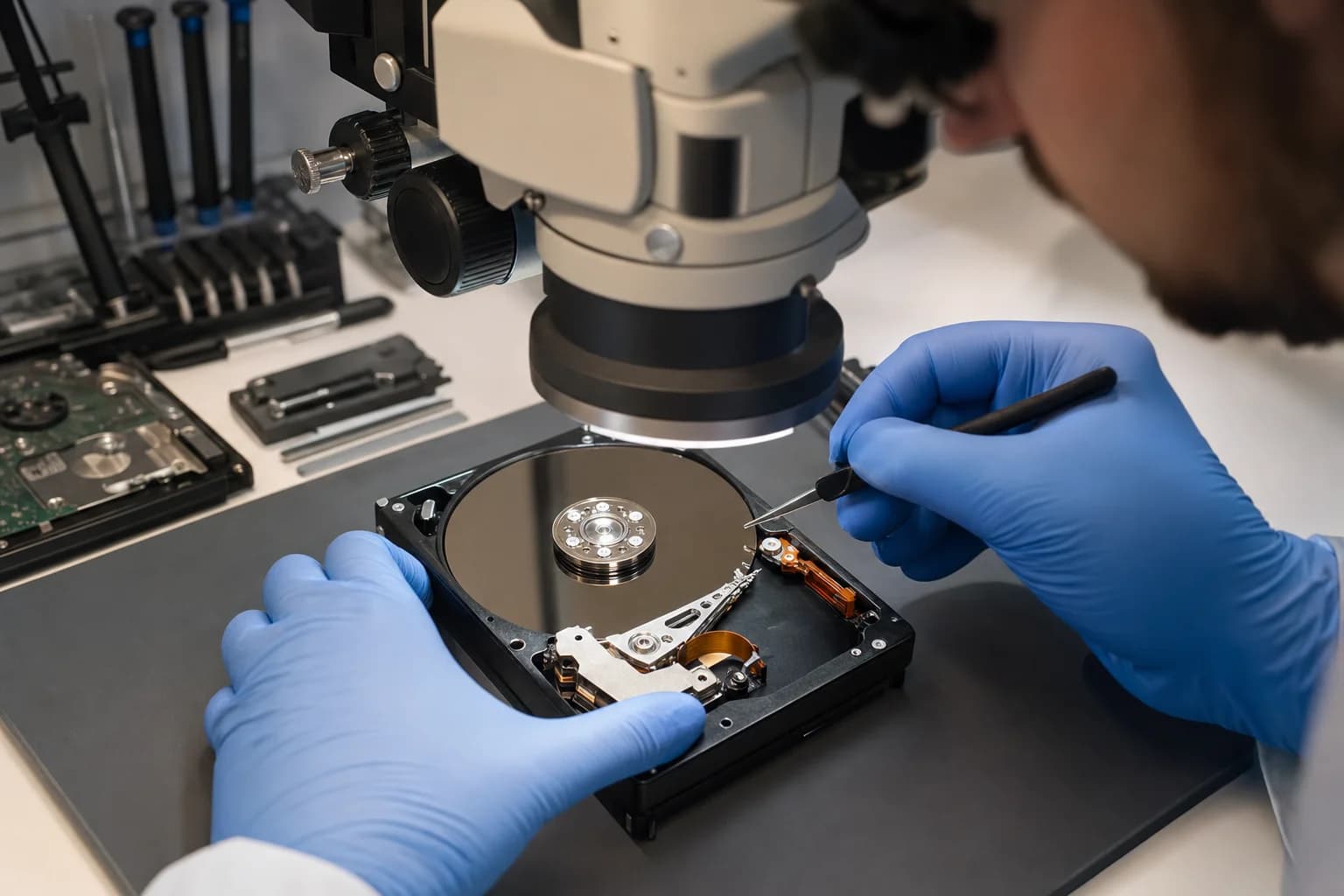 Data recovery technician using a stereo microscope to inspect an opened hard drive at Computer Clinic Irvine, serving Tustin customers