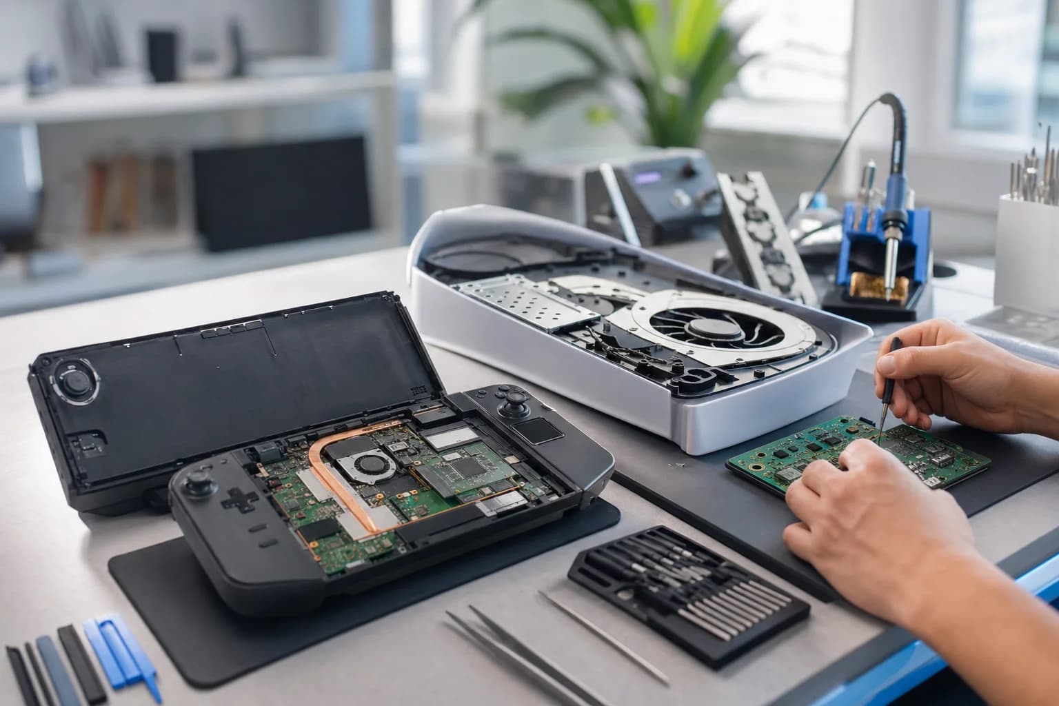 Game console and handheld repair in Irvine. A gaming handheld and console on the repair bench at Computer Clinic Irvine, Orange County