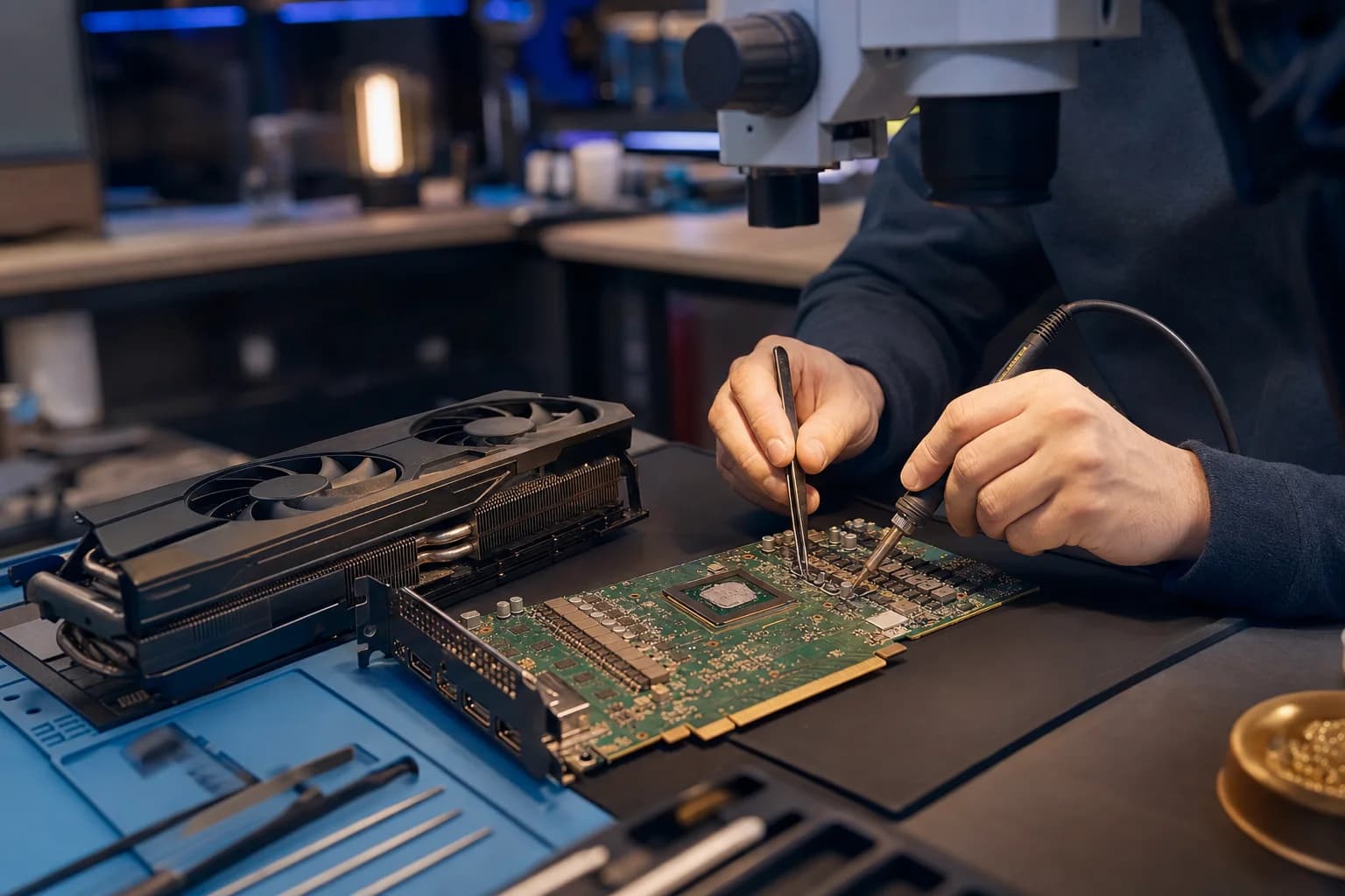 Board-level graphics card and motherboard repair at Computer Clinic Irvine, GPU and PC hardware on a repair bench in Irvine, Orange County