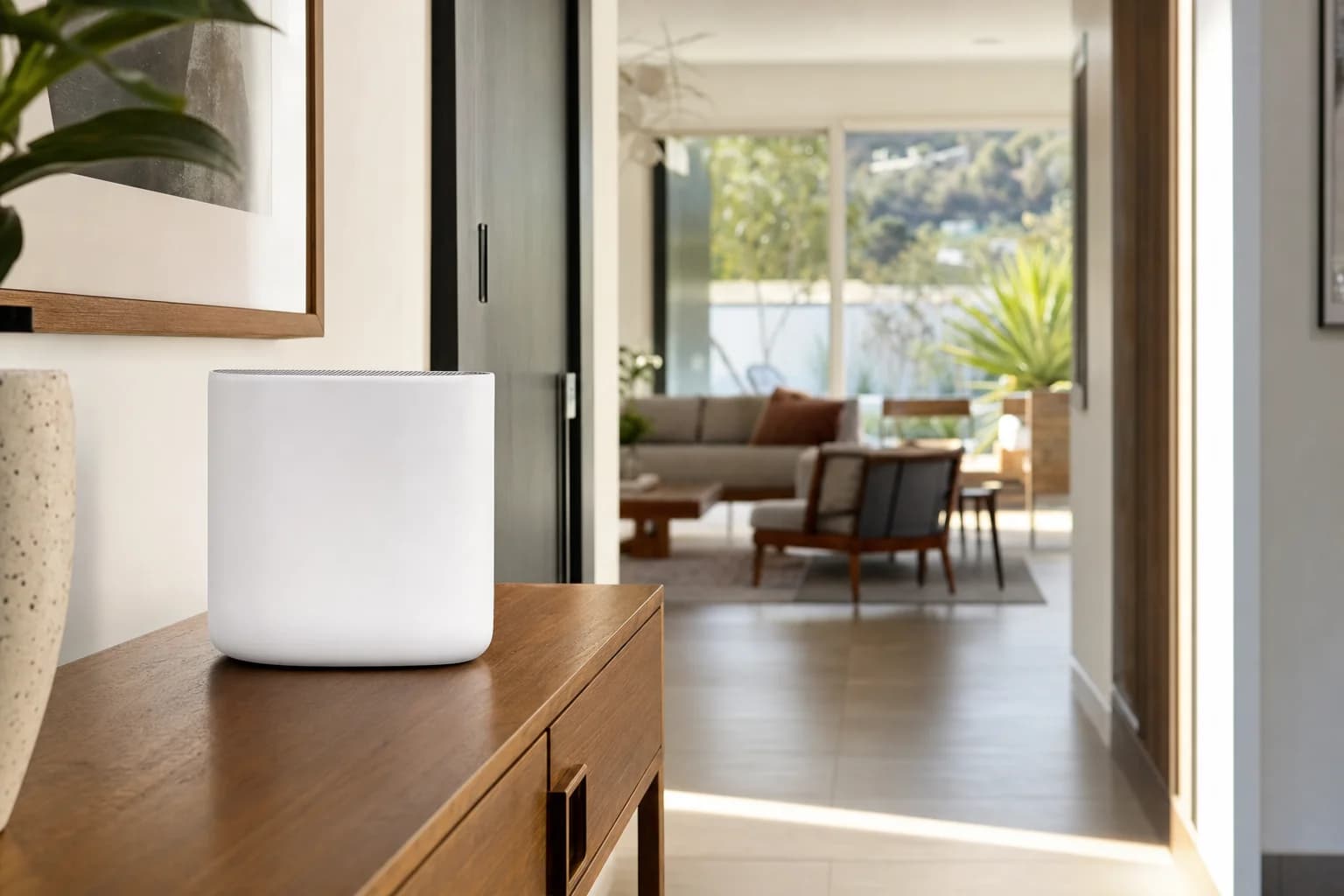 Modern Orange County home interior with a sleek mesh WiFi router on a console table, ready for whole-home WiFi installation and mesh network setup across Orange County