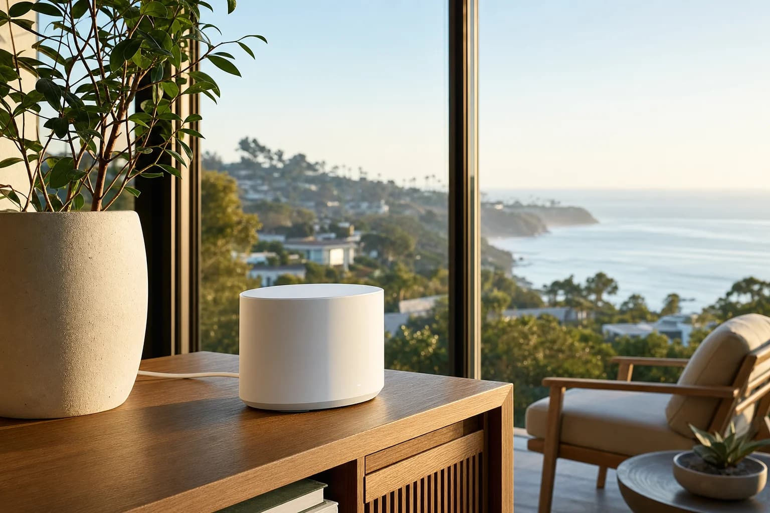 Mesh WiFi router in a hillside Laguna Beach home with an ocean view, whole-home network installation by Computer Clinic Irvine