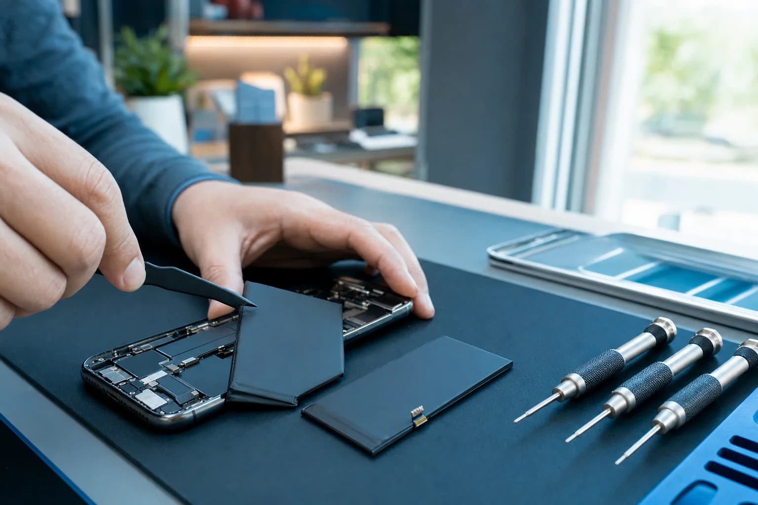 iPhone battery being replaced on a repair mat at Computer Clinic Irvine, iPhone battery replacement in Irvine