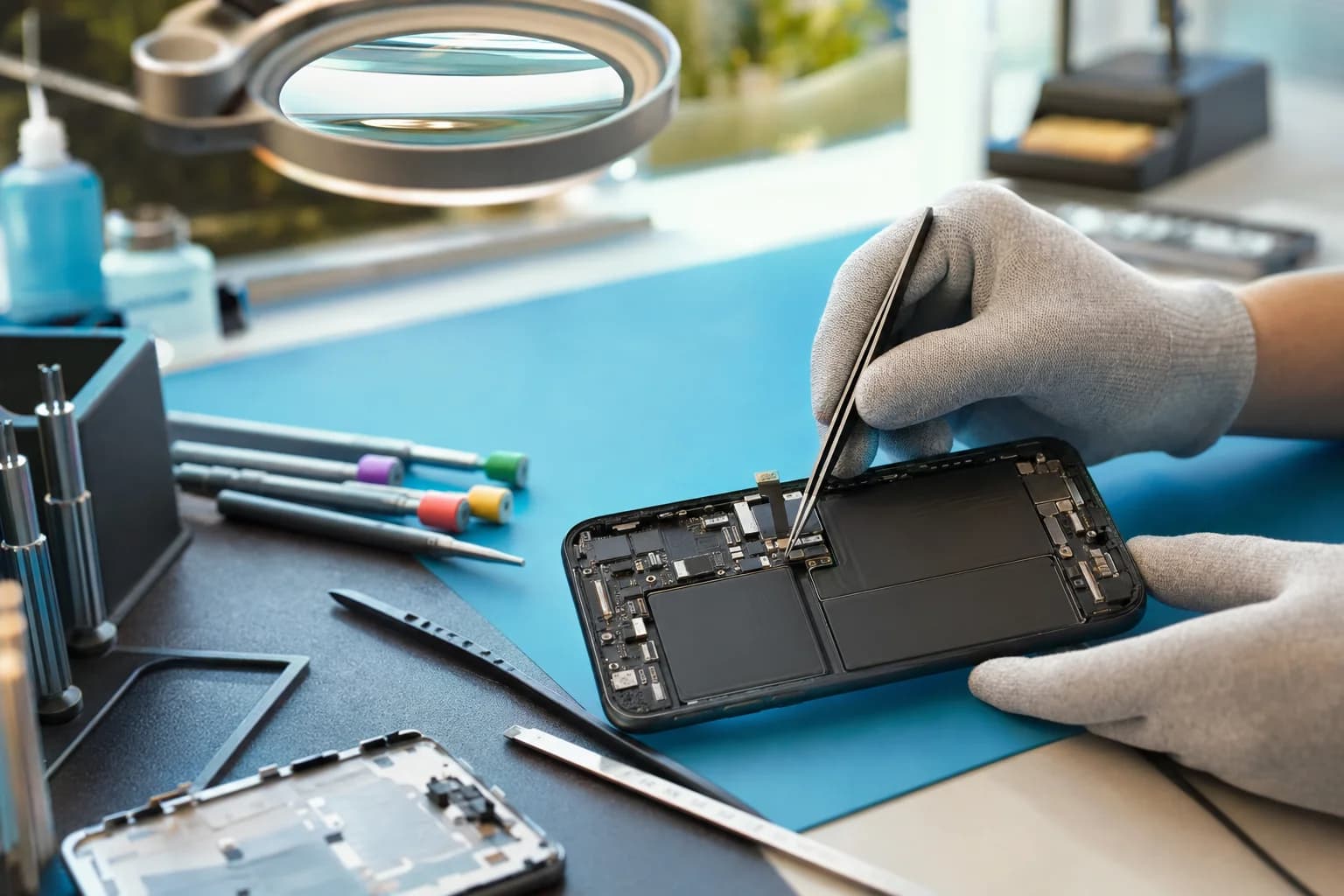 iPhone opened on a repair bench in Irvine with tweezers at the antenna flex cable, diagnosing a No Service problem