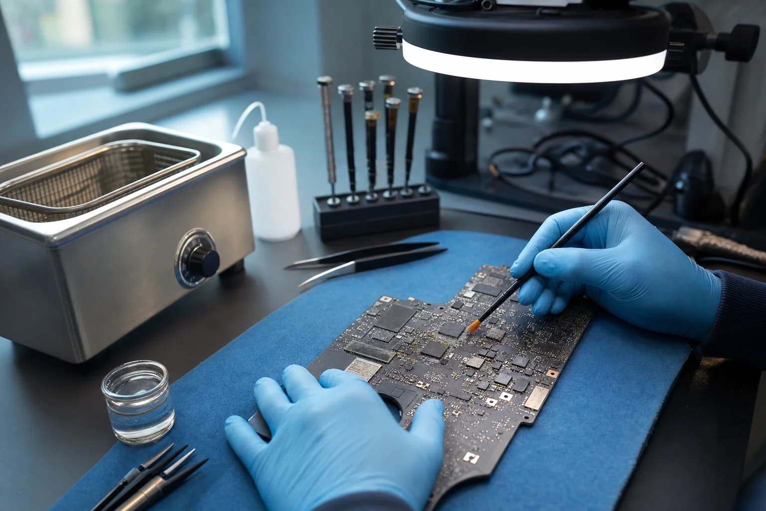 Liquid damaged laptop logic board being cleaned under a magnifier lamp at Computer Clinic Irvine, water damage repair in Irvine