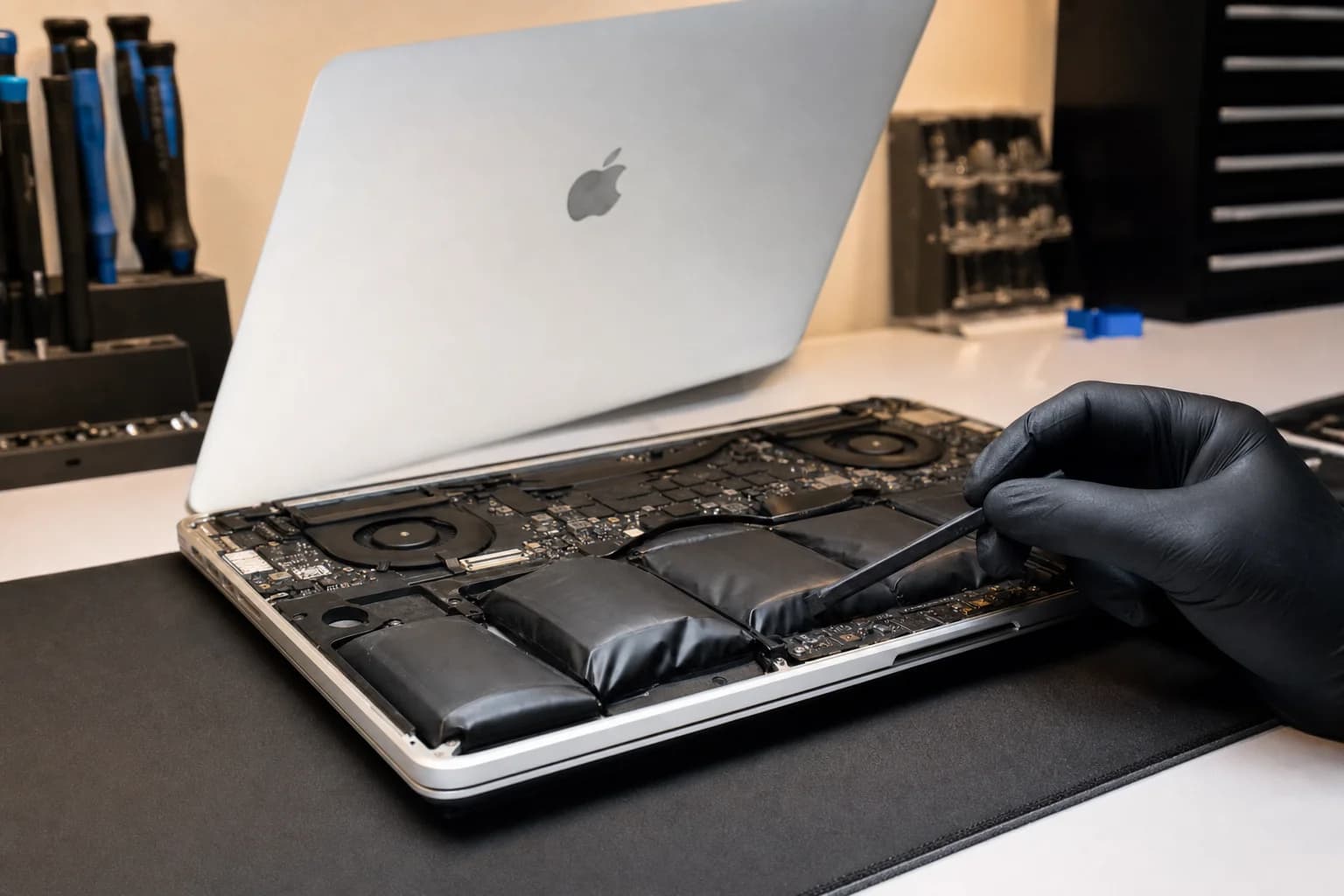 MacBook Pro open on a repair technician's workbench in Irvine, bottom case removed showing a swollen MacBook battery before replacement