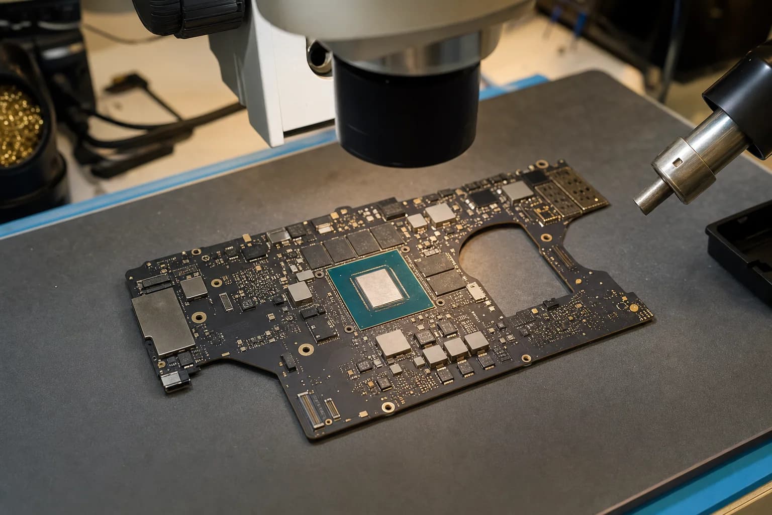 MacBook Pro logic board on an anti-static workbench at Computer Clinic Irvine, ready for board-level component repair and microsoldering