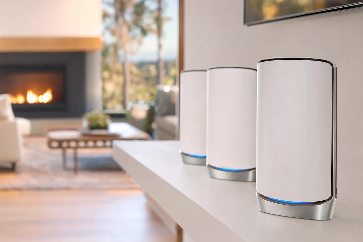 NETGEAR Orbi 970 Wi-Fi 7 mesh router and satellites installed for whole-home Wi-Fi coverage at a large Irvine residence