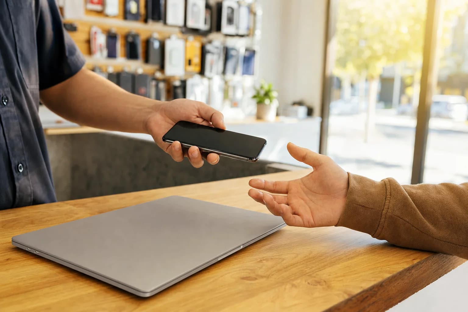A repaired iPhone handed back across the counter the same day at Computer Clinic Irvine, same-day phone and MacBook repair in Irvine