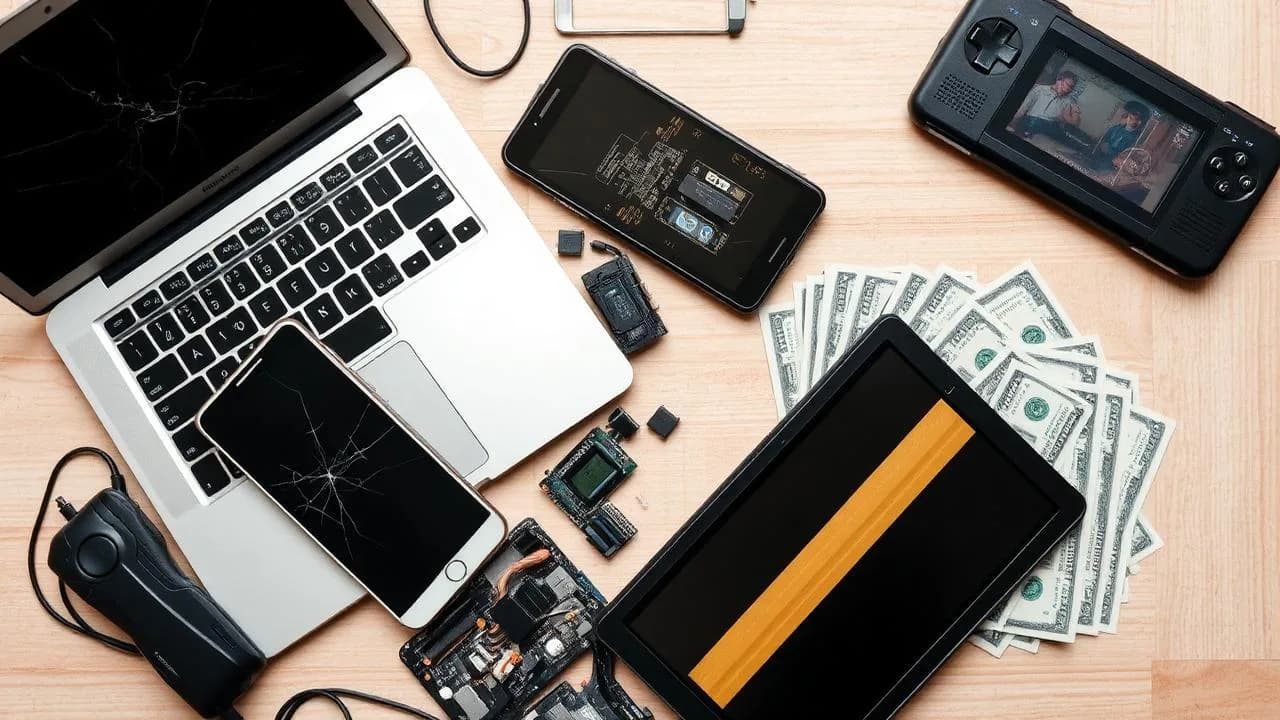 Used and broken electronics including a cracked MacBook, iPhone, iPad, handheld gaming console, and computer parts laid out next to cash, ready to be sold to Computer Clinic Irvine