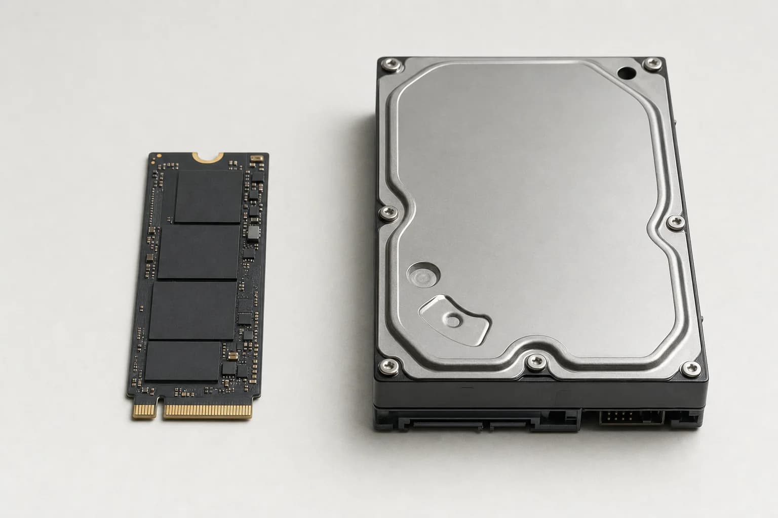 A fast solid state drive next to an older mechanical spinning hard drive, showing the upgrade that speeds up a slow iMac