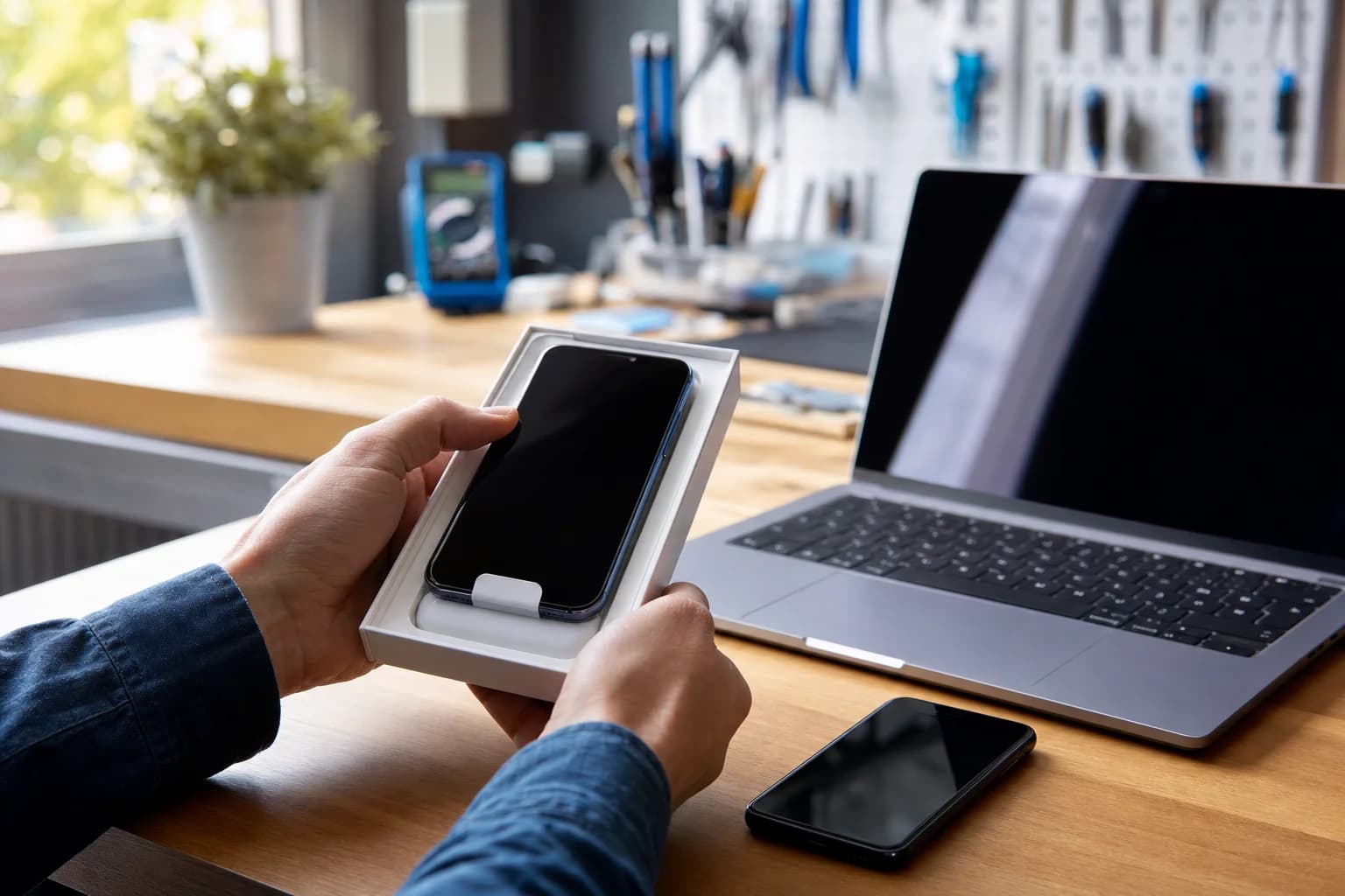 A new iPhone half out of its box on a counter next to an older MacBook and iPhone, weighing Apple Upgrade leasing against keeping the devices you own