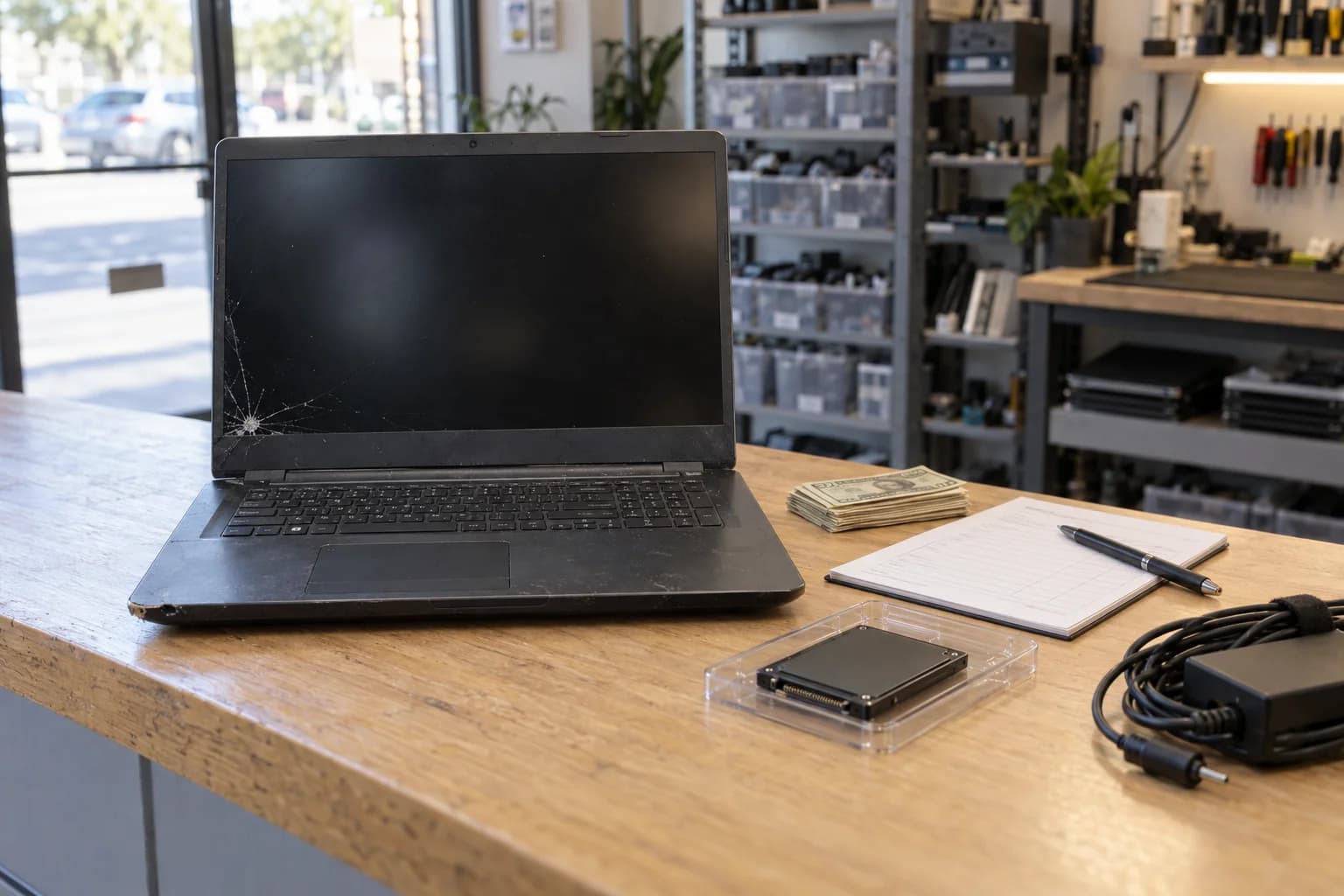 Used Windows laptop with a scuffed lid and a cracked screen corner open on a repair shop counter next to a stack of cash, a quote pad, a bare SSD in a tray, and its charger