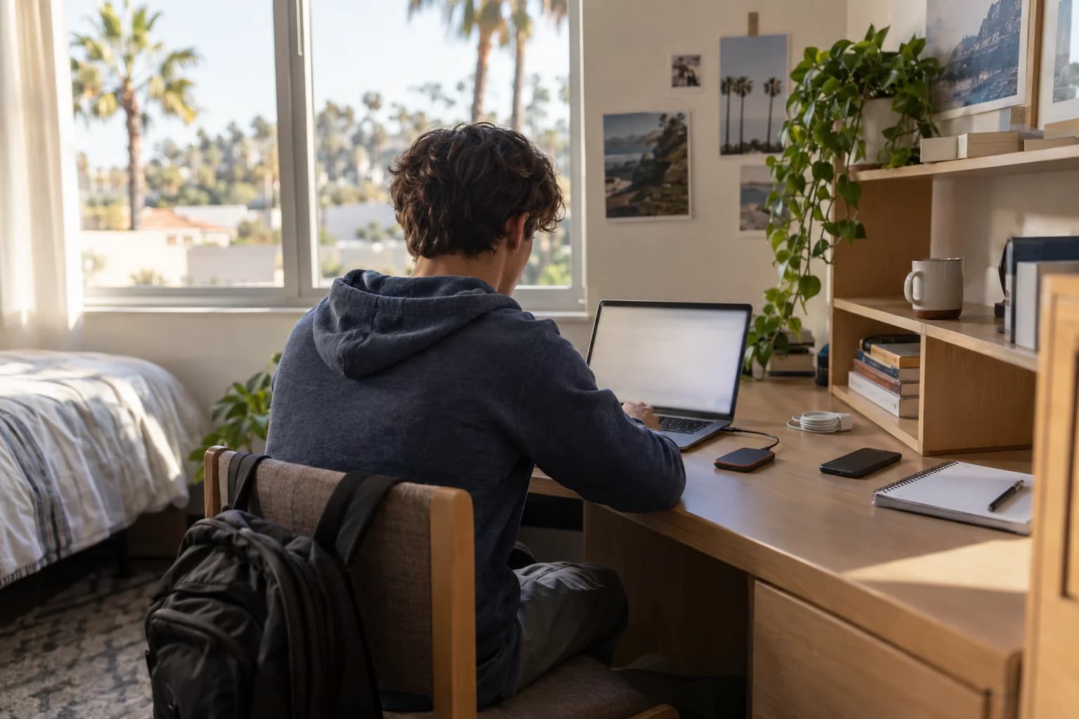 College student at a dorm desk with a laptop open, an external SSD plugged in for a backup, a coiled charger and a phone on the desk, and the coffee set on a shelf away from the laptop