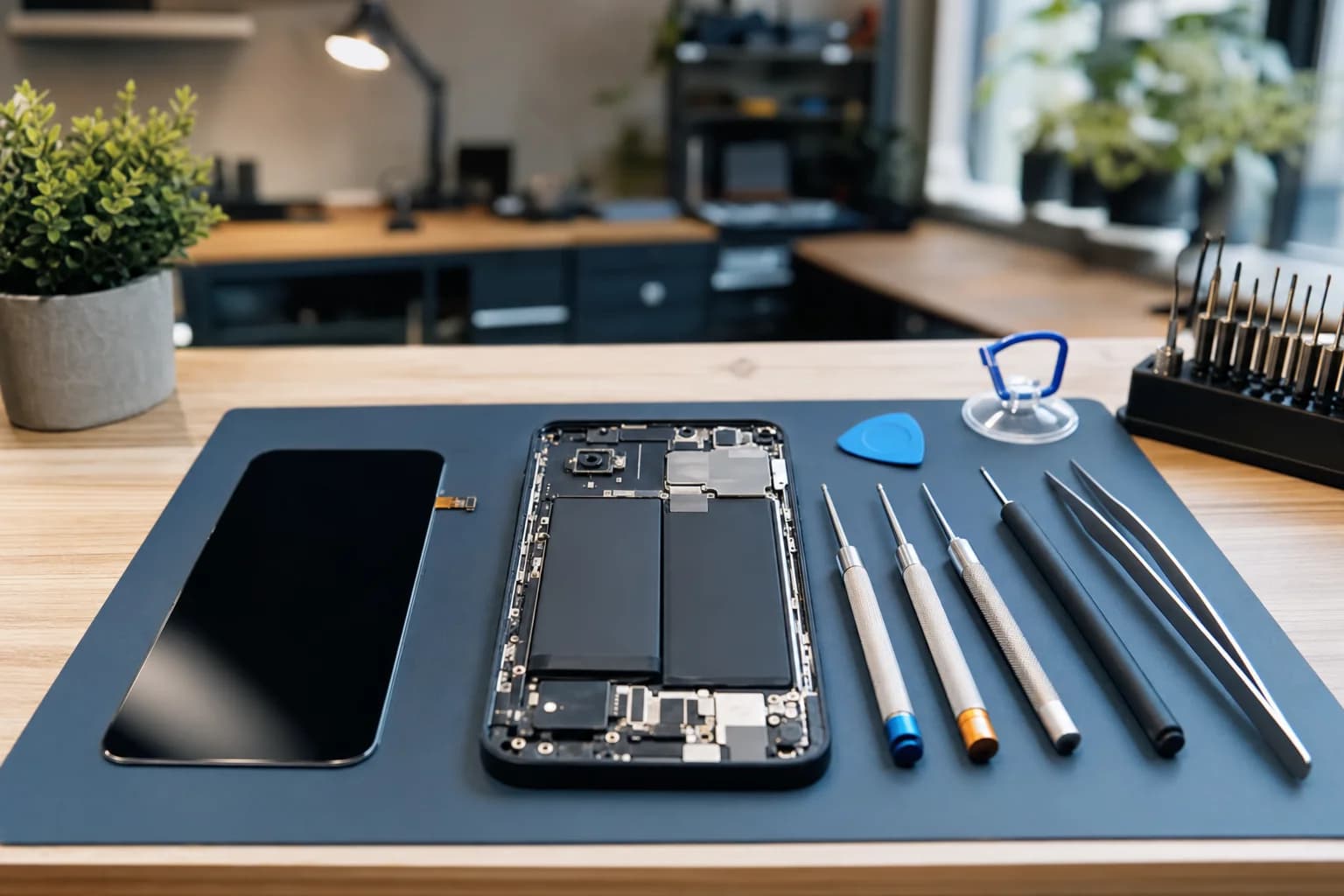 iPhone screen repair technician fixing cracked screen in Irvine repair shop