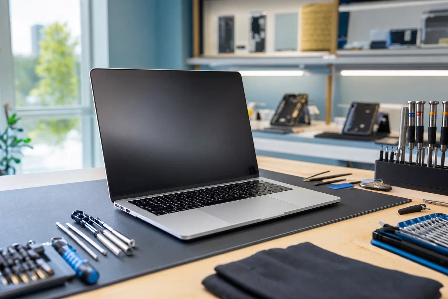 Professional MacBook Pro repair technician working on laptop internals in Irvine California repair shop