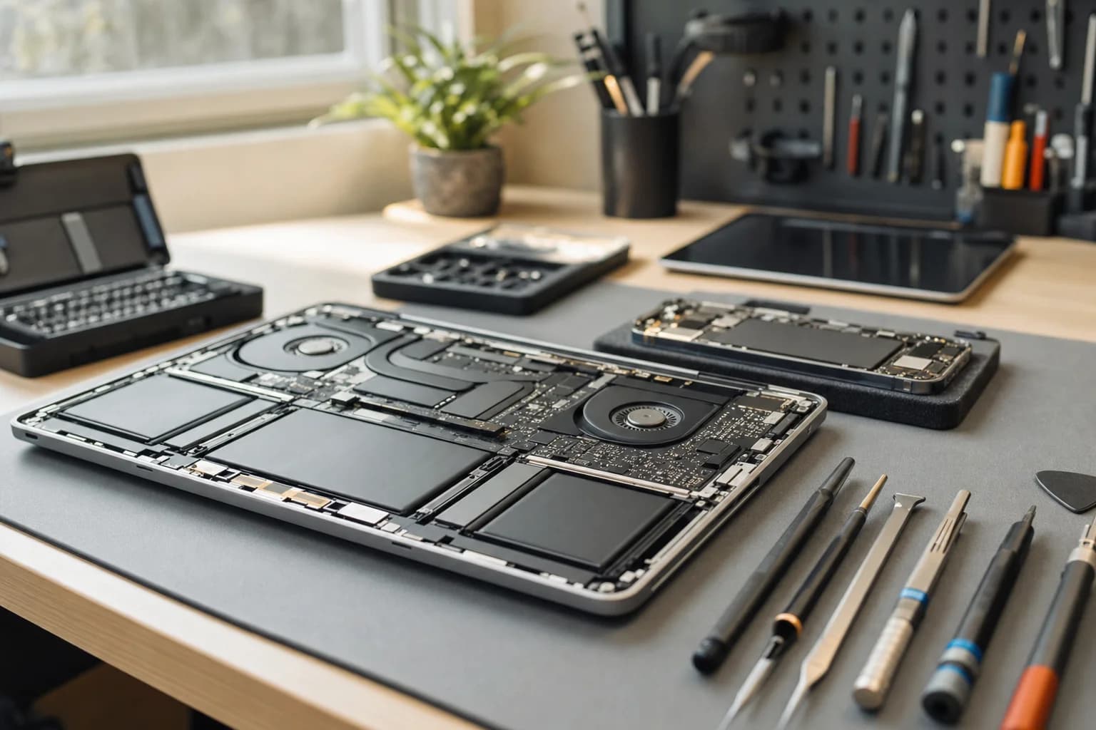 Repair technician's workbench in Irvine with a MacBook Pro, iPhone, and iPad being serviced for Orange County customers