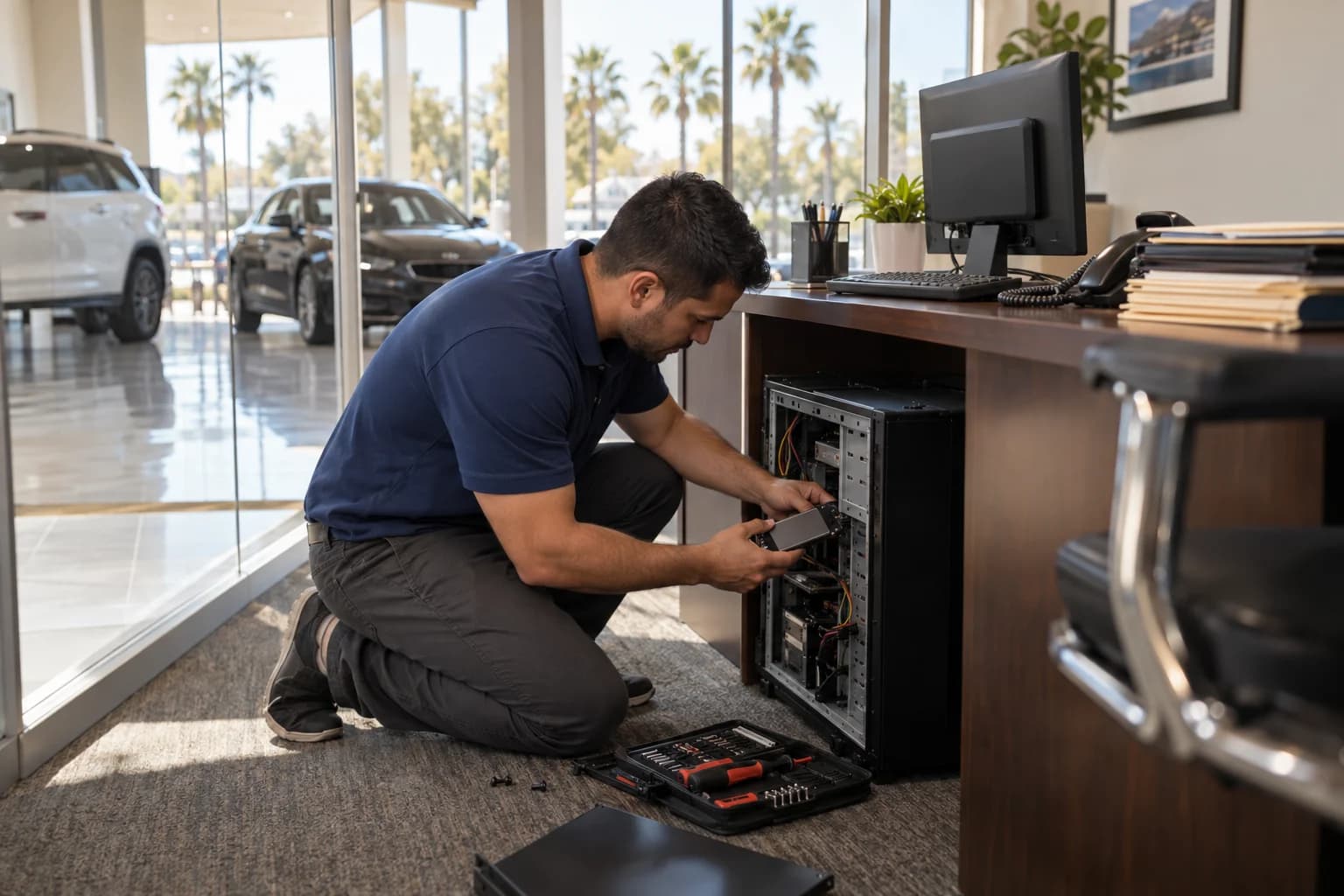 Technician installing an SSD in a desktop workstation on the floor of a used-car dealership's finance office, with the showroom and cars visible through the glass wall