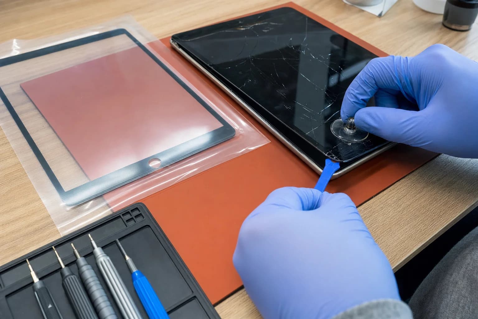 Cracked iPad screen being lifted with a pry tool and suction cup on a repair bench in Irvine