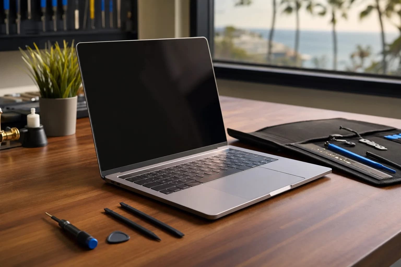 MacBook Pro on a clean repair workbench with precision tools, ready for board-level Mac repair for Newport Beach customers