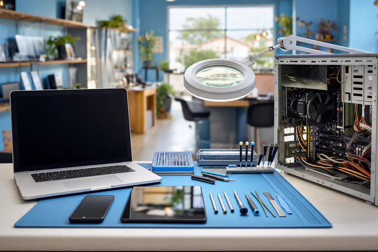 Computer Clinic Irvine repair bench with a laptop, phone, tablet, and desktop PC, full service computer repair in Irvine, Orange County