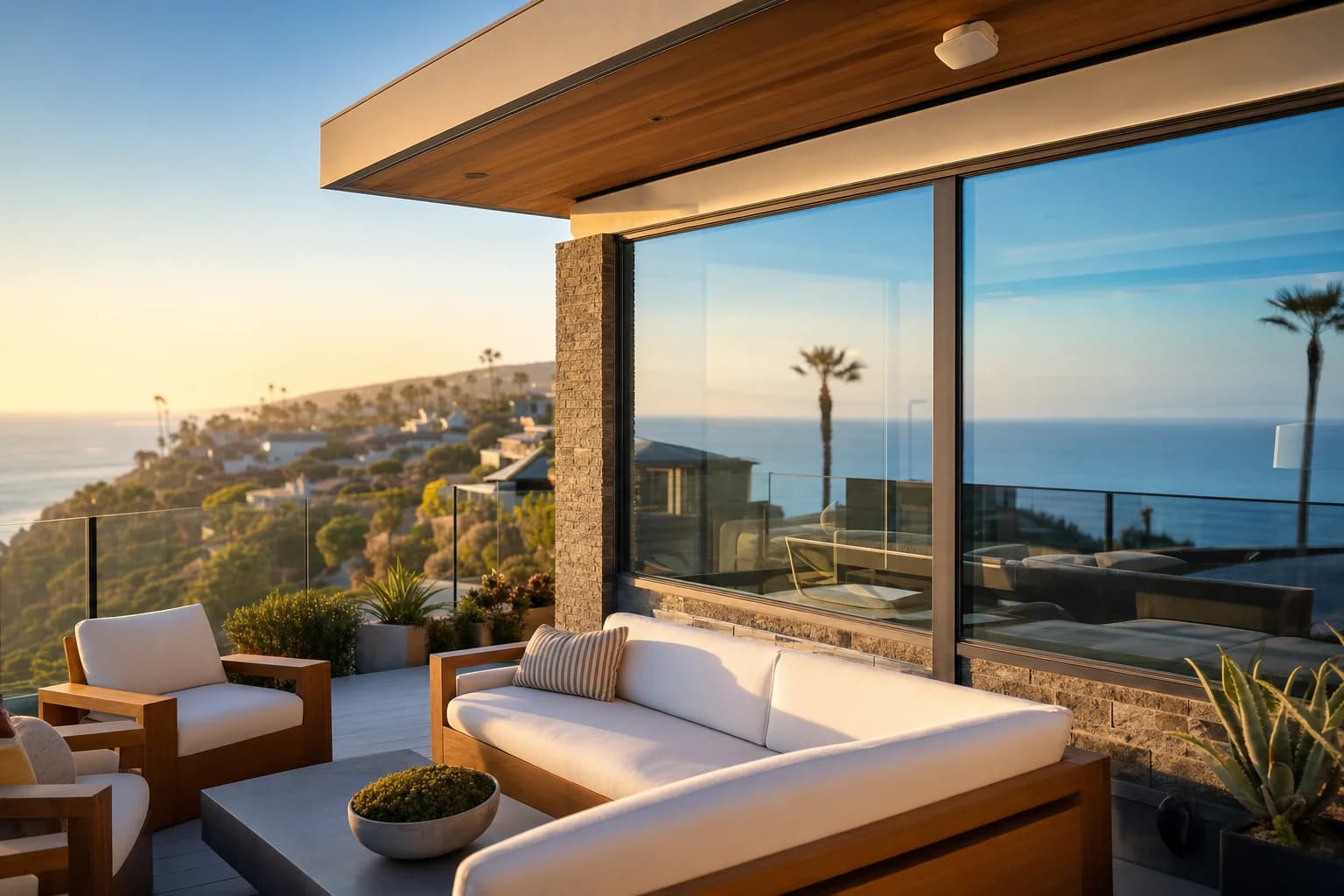 Modern Newport Beach coastal home patio with ocean view and a discreet outdoor mesh WiFi access point providing whole-home WiFi installation coverage
