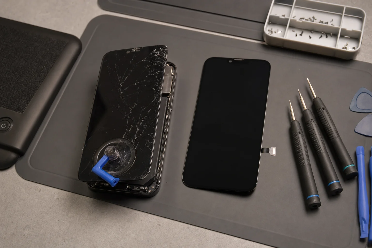iPhone with a cracked screen lifted up next to a fresh replacement display panel on a repair workbench, ready for same-day iPhone screen replacement in Irvine