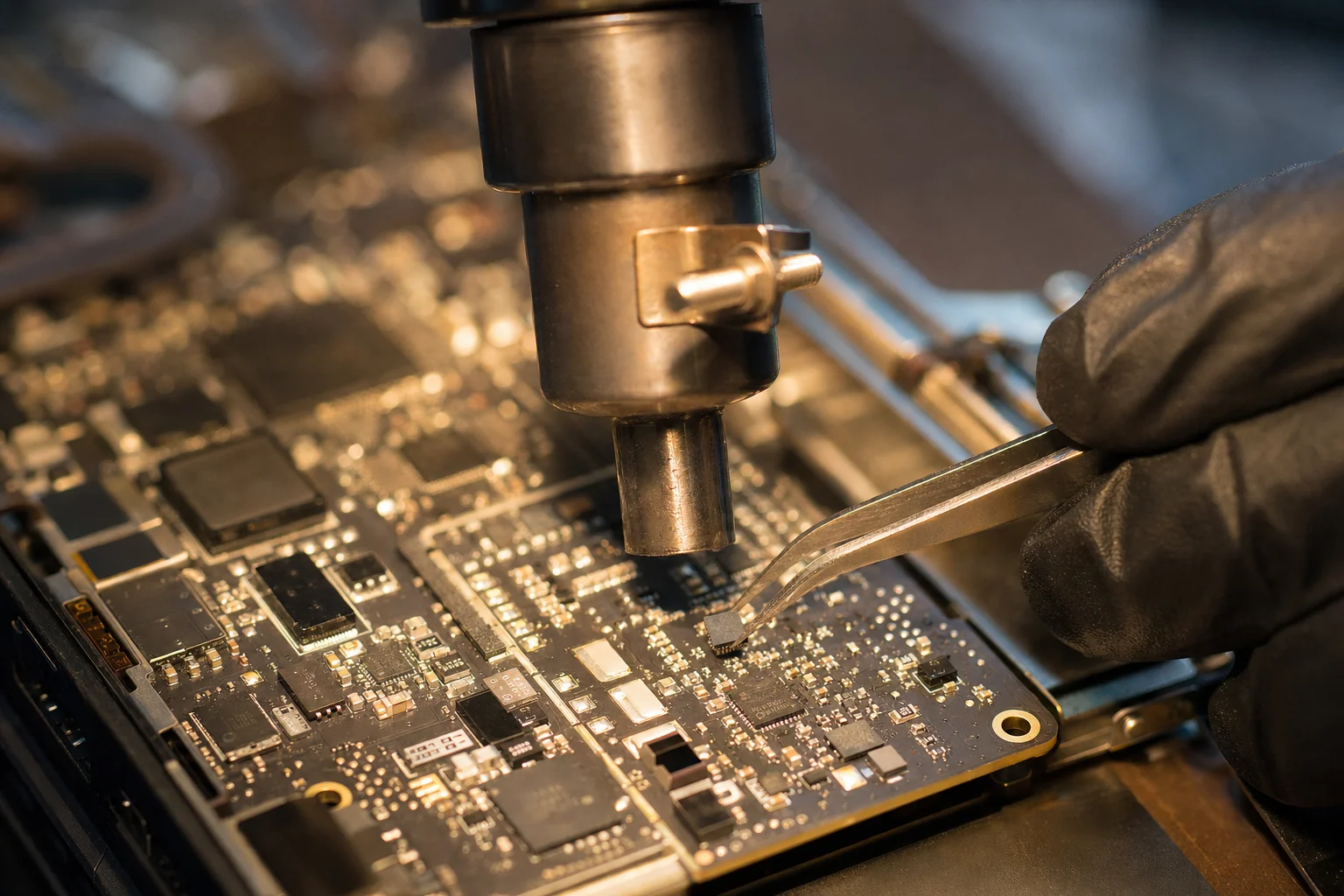 Hot-air rework station and precision tweezers placing a tiny chip onto a MacBook logic board for micro soldering repair in Irvine